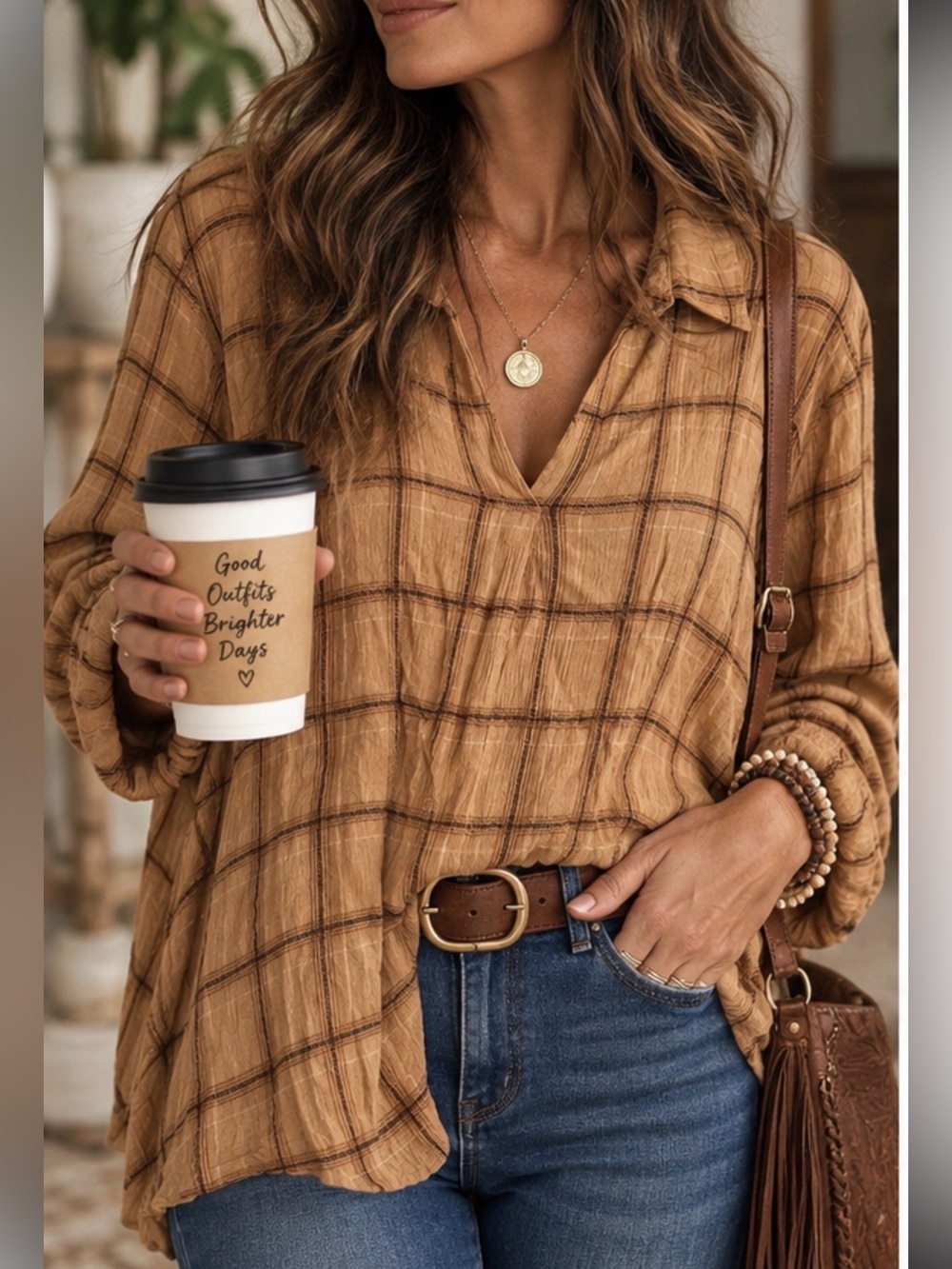 Bobeau XL Brown Plaid 100% Rayon Boho Oversized Tunic Blouse